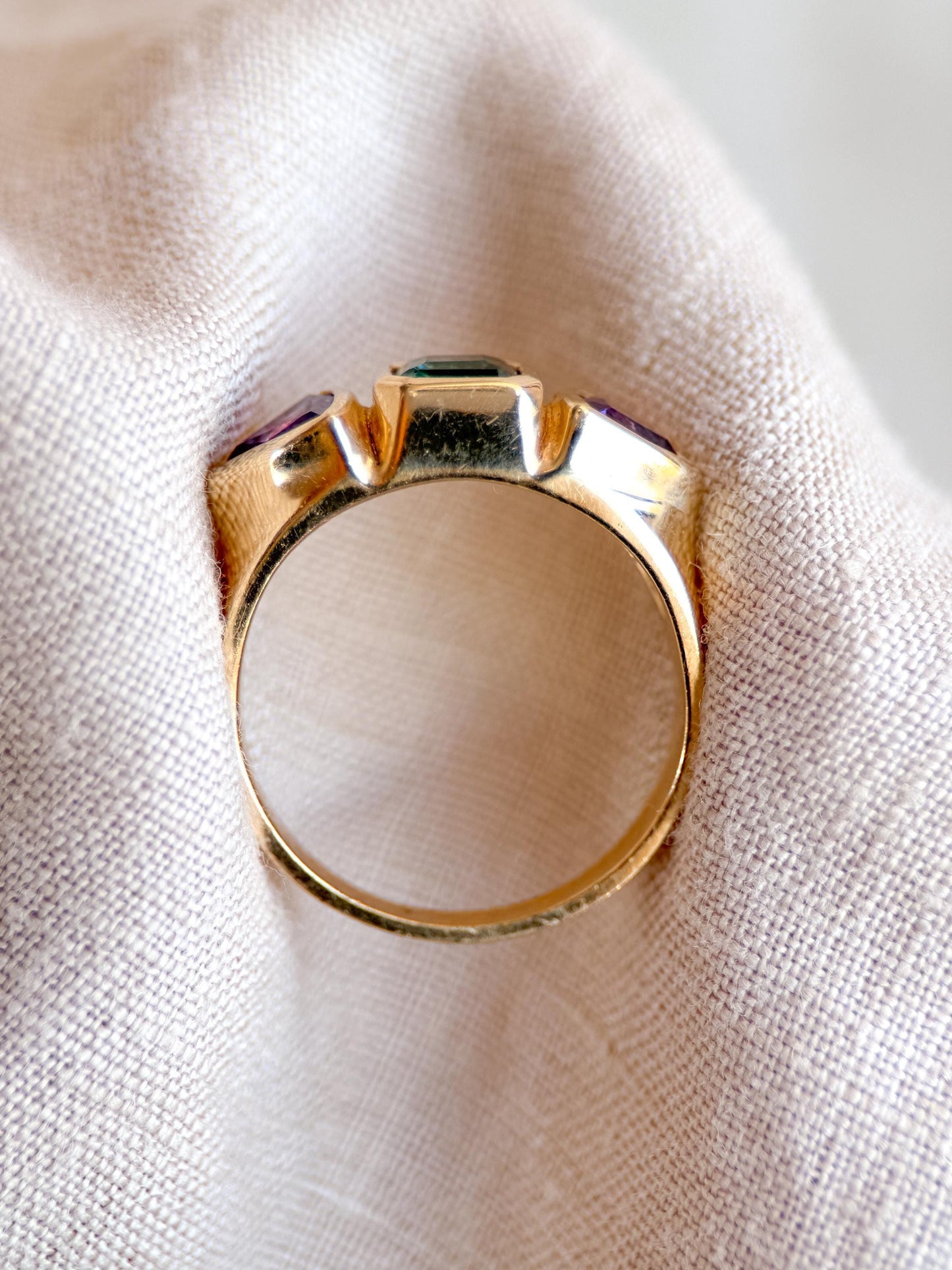 Vintage Tourmaline and Amethyst Ring, 14k Gold, Bezel Geometric Statement Ring, Unique Bold Jewelry
