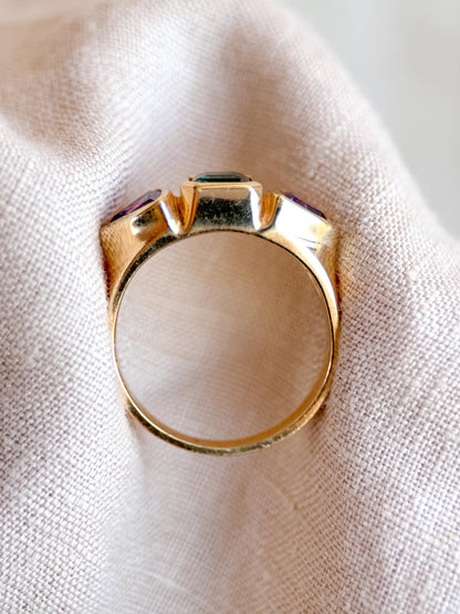 Vintage Tourmaline and Amethyst Ring, 14k Gold, Bezel Geometric Statement Ring, Unique Bold Jewelry