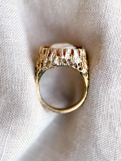 Vintage Cameo Ring, 14k Gold, Oval Textured Statement Ring, Mid-Century Bold Jewelry