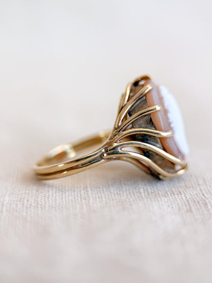 Vintage Cameo Ring, 14k Gold, Oval Portrait Statement Ring, Mid-Century Bold Jewelry