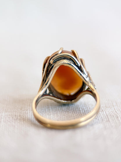 Vintage Cameo Ring, 14k Gold, Oval Portrait Statement Ring, Mid-Century Bold Jewelry