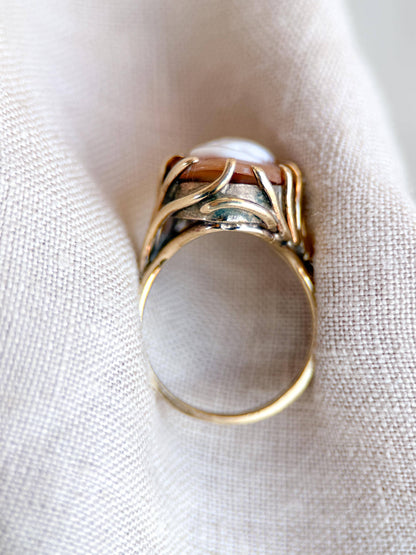 Vintage Cameo Ring, 14k Gold, Oval Portrait Statement Ring, Mid-Century Bold Jewelry