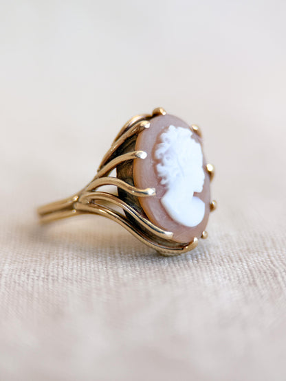 Vintage Cameo Ring, 14k Gold, Oval Portrait Statement Ring, Mid-Century Bold Jewelry