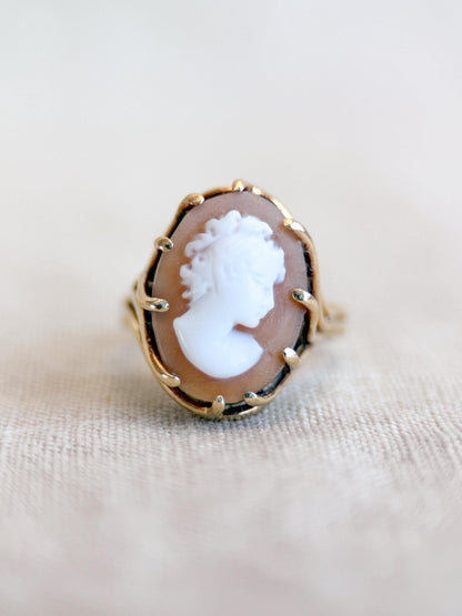 Vintage Cameo Ring, 14k Gold, Oval Portrait Statement Ring, Mid-Century Bold Jewelry