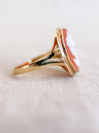 Vintage Cameo Ring, 14k Gold, Oval Portrait Statement Ring, Mid-Century Bold Jewelry