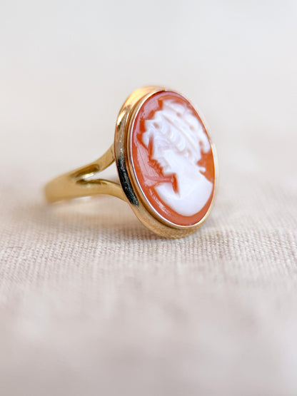 Vintage Cameo Ring, 14k Gold, Oval Portrait Statement Ring, Mid-Century Bold Jewelry