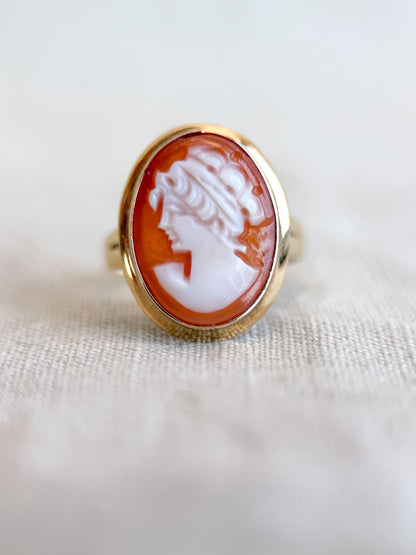 Vintage Cameo Ring, 14k Gold, Oval Portrait Statement Ring, Mid-Century Bold Jewelry