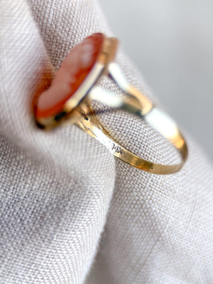 Vintage Cameo Ring, 14k Gold, Oval Portrait Statement Ring, Mid-Century Bold Jewelry