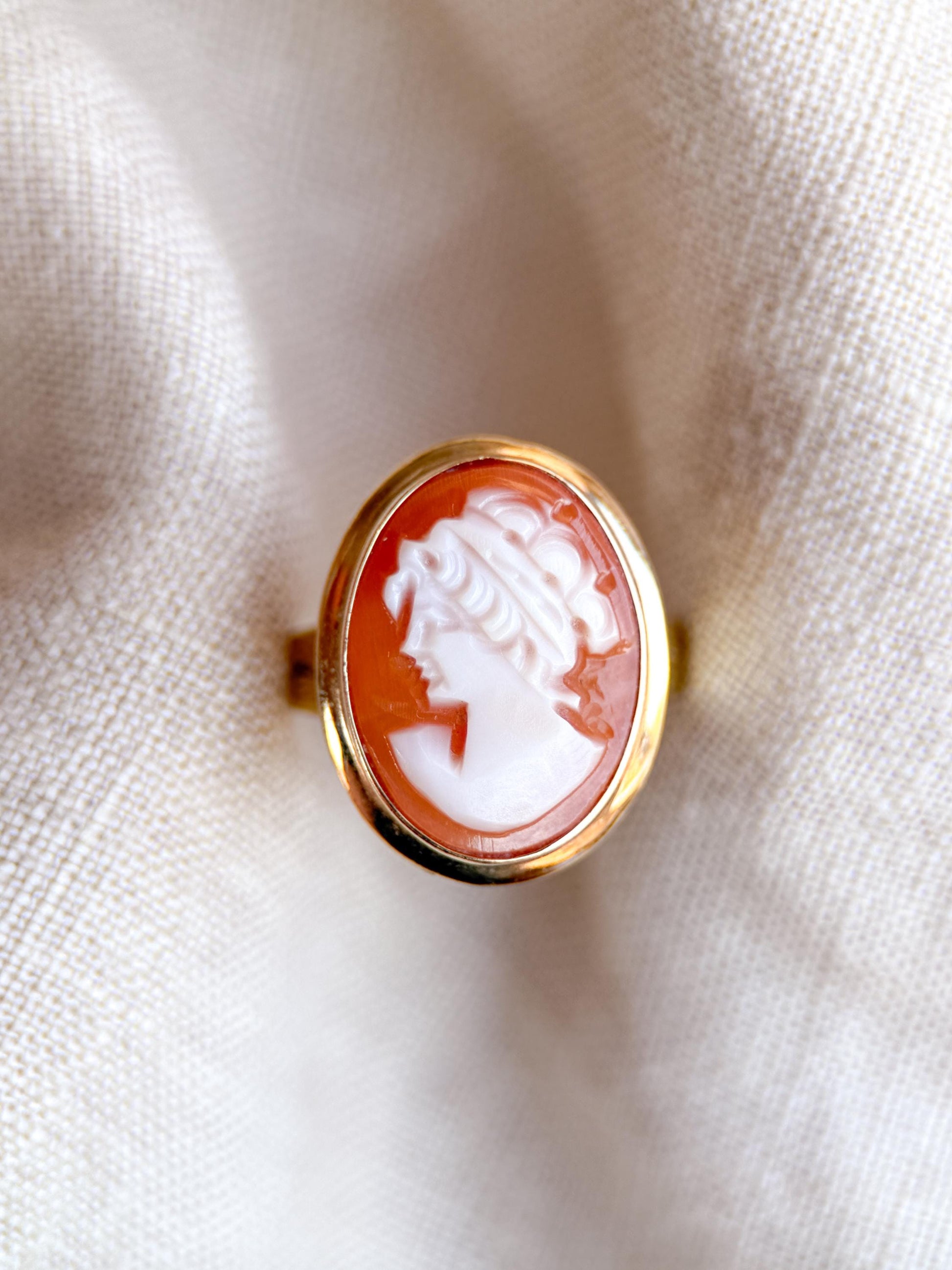 Vintage Cameo Ring, 14k Gold, Oval Portrait Statement Ring, Mid-Century Bold Jewelry