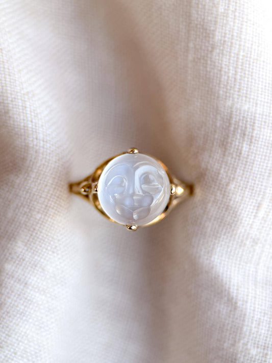 Vintage Moonstone Ring, 10k Gold, Moon Face Statement Ring, Unique Bold Jewelry