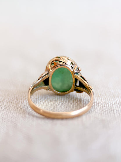 Vintage Jade Ring, 14k Gold, Oval Cut Jadeite Statement Ring, Filigree Bezel Jewelry