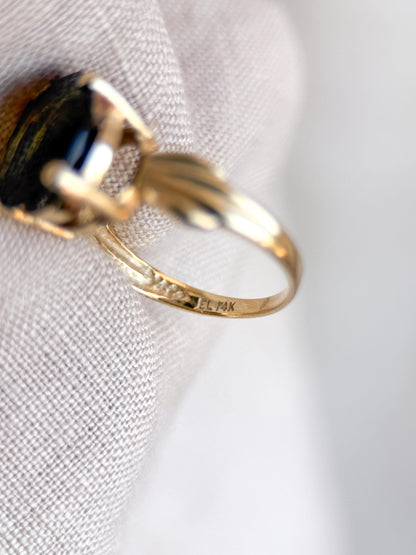 Vintage Moldavite Ring, 14k Gold, Oval Cut Prong Set Statement Ring, Unique Bold Jewelry