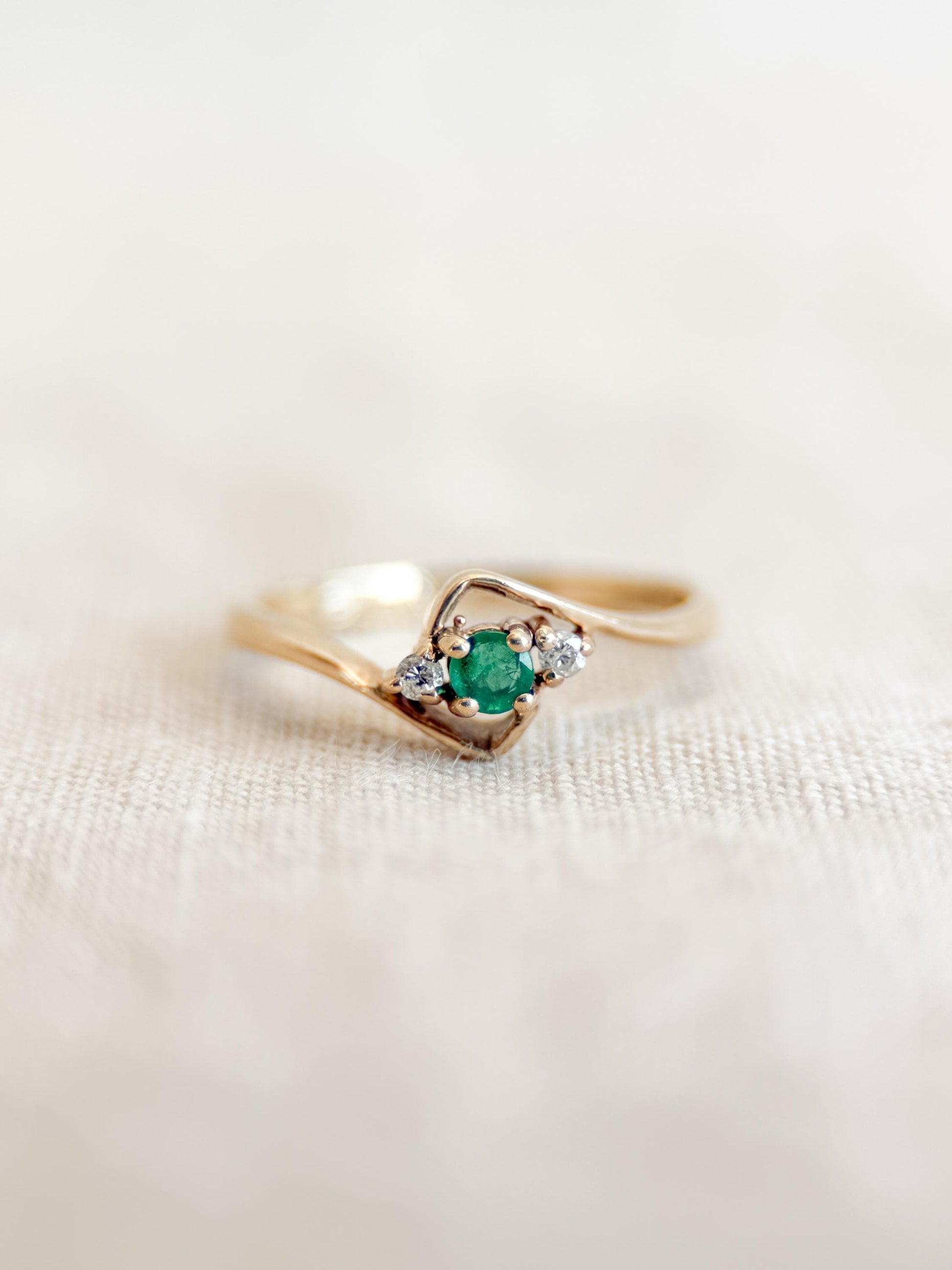 Vintage Emerald and Diamond Engagement Ring, Round Cut, 10k Gold, Three Stone, Bridal Ring