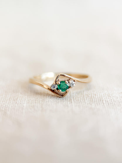 Vintage Emerald and Diamond Engagement Ring, Round Cut, 10k Gold, Three Stone, Bridal Ring