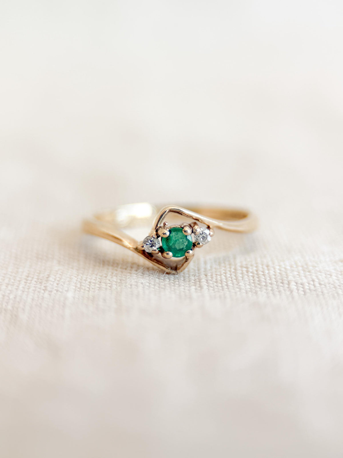 Vintage Emerald and Diamond Engagement Ring, Round Cut, 10k Gold, Three Stone, Bridal Ring