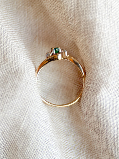 Vintage Emerald and Diamond Engagement Ring, Round Cut, 10k Gold, Three Stone, Bridal Ring