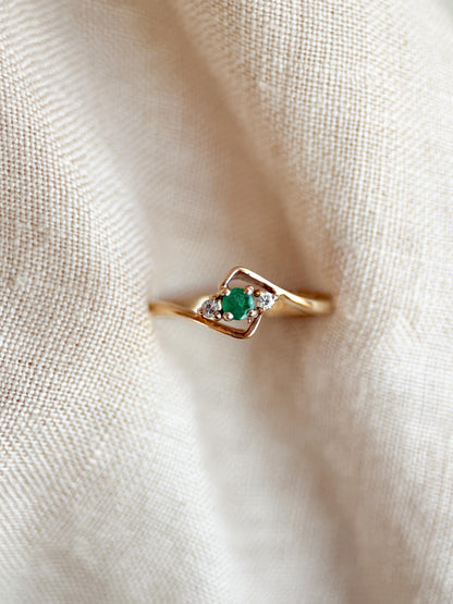 Vintage Emerald and Diamond Engagement Ring, Round Cut, 10k Gold, Three Stone, Bridal Ring