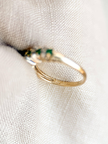 Vintage Emerald and Diamond Wedding Band, 14k Gold, Prong Set Minimalist Ring, Stacking Band