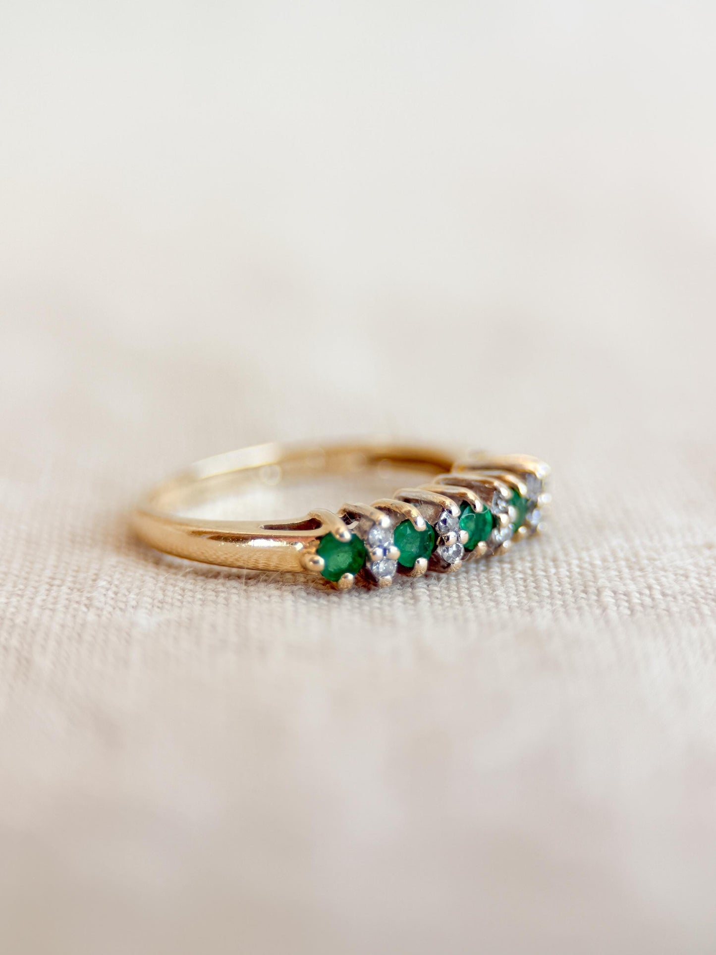 Vintage Emerald and Diamond Wedding Band, 14k Gold, Prong Set Minimalist Ring, Stacking Band