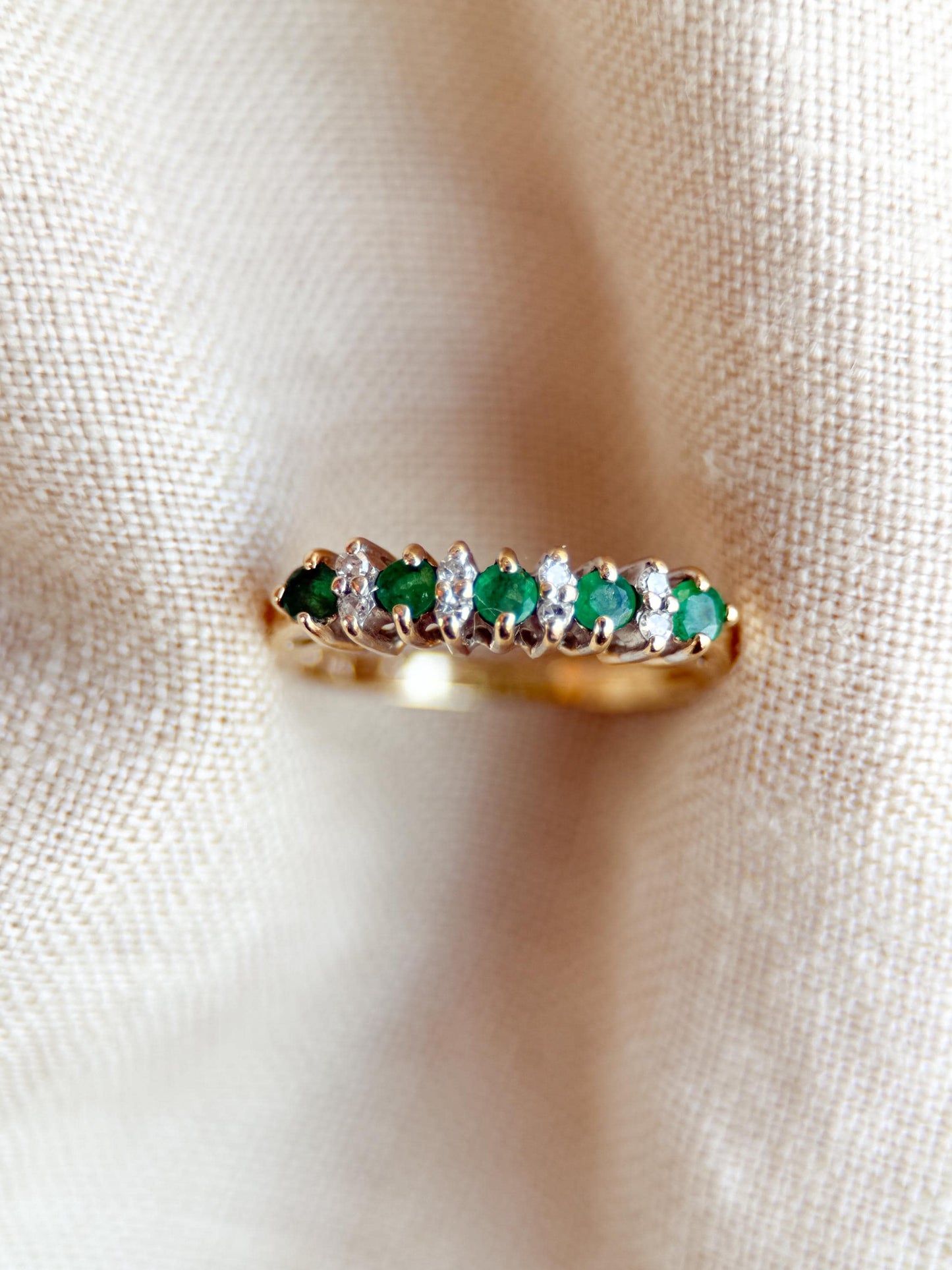 Vintage Emerald and Diamond Wedding Band, 14k Gold, Prong Set Minimalist Ring, Stacking Band