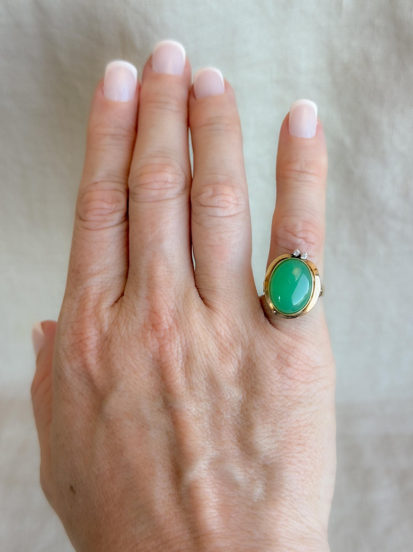 Vintage Green Chalcedony and Diamond Ring, 14k Gold, Bezel Statement Ring, Bold Jewelry