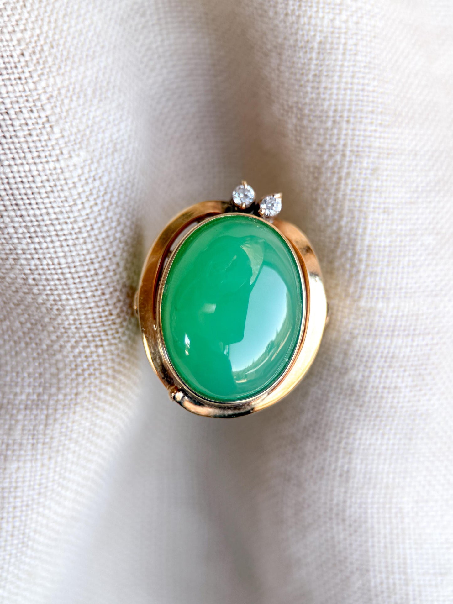 Vintage Green Chalcedony and Diamond Ring, 14k Gold, Bezel Statement Ring, Bold Jewelry
