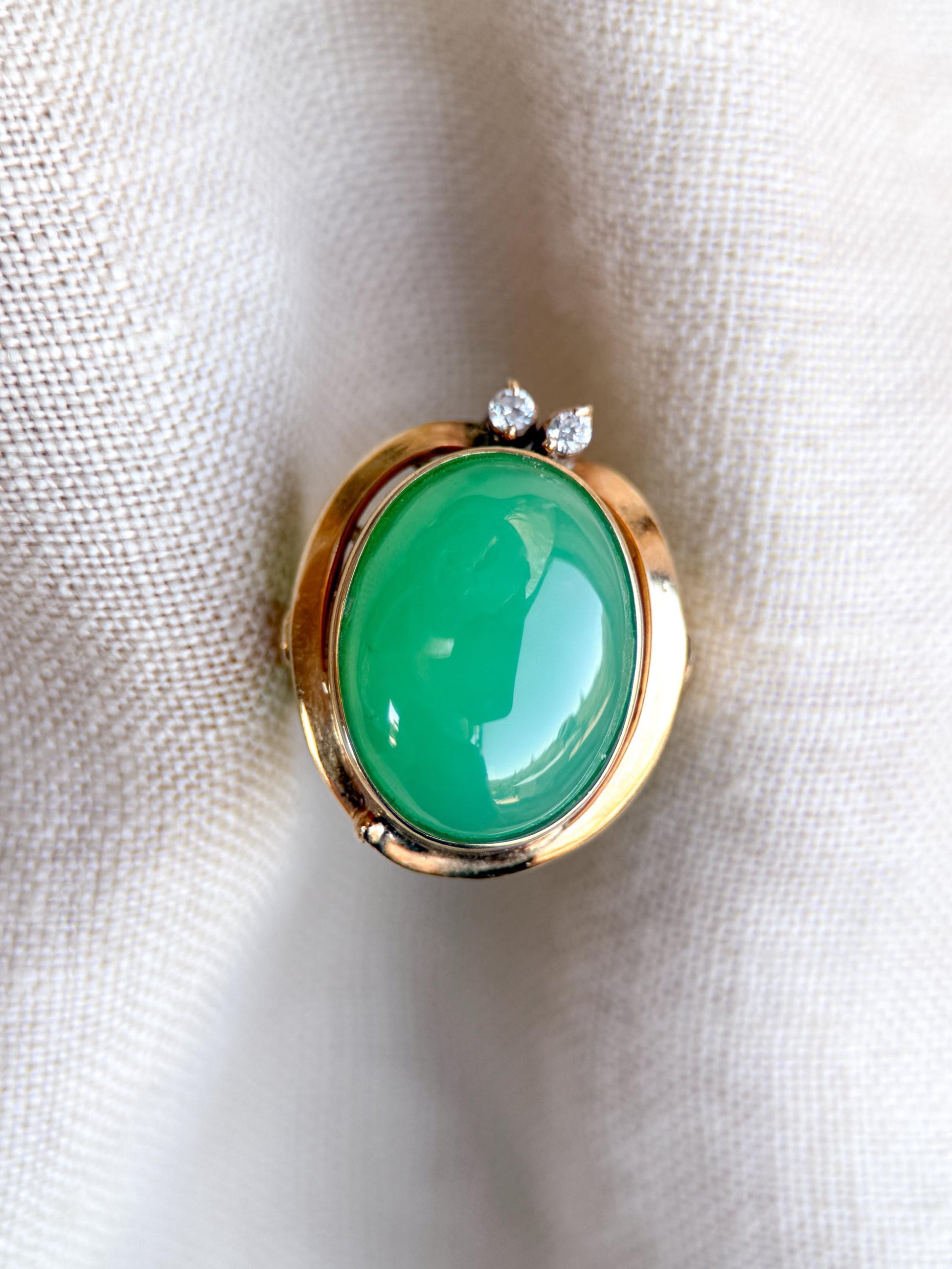 Vintage Green Chalcedony and Diamond Ring, 14k Gold, Bezel Statement Ring, Bold Jewelry