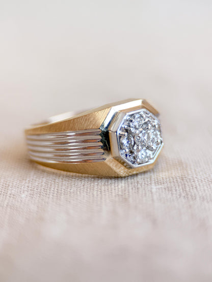 Vintage Diamond Wedding Band, 14k Gold, Mens Signet Cluster Statement Ring, Anniversary Band