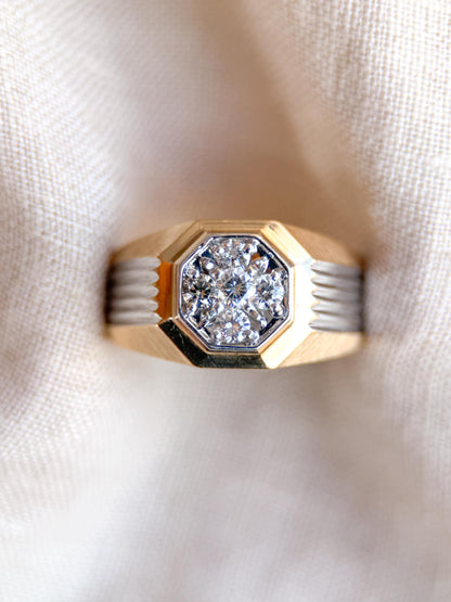 Vintage Diamond Wedding Band, 14k Gold, Mens Signet Cluster Statement Ring, Anniversary Band