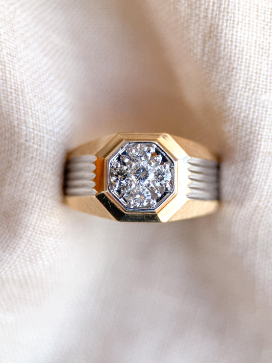 Vintage Diamond Wedding Band, 14k Gold, Mens Signet Cluster Statement Ring, Anniversary Band