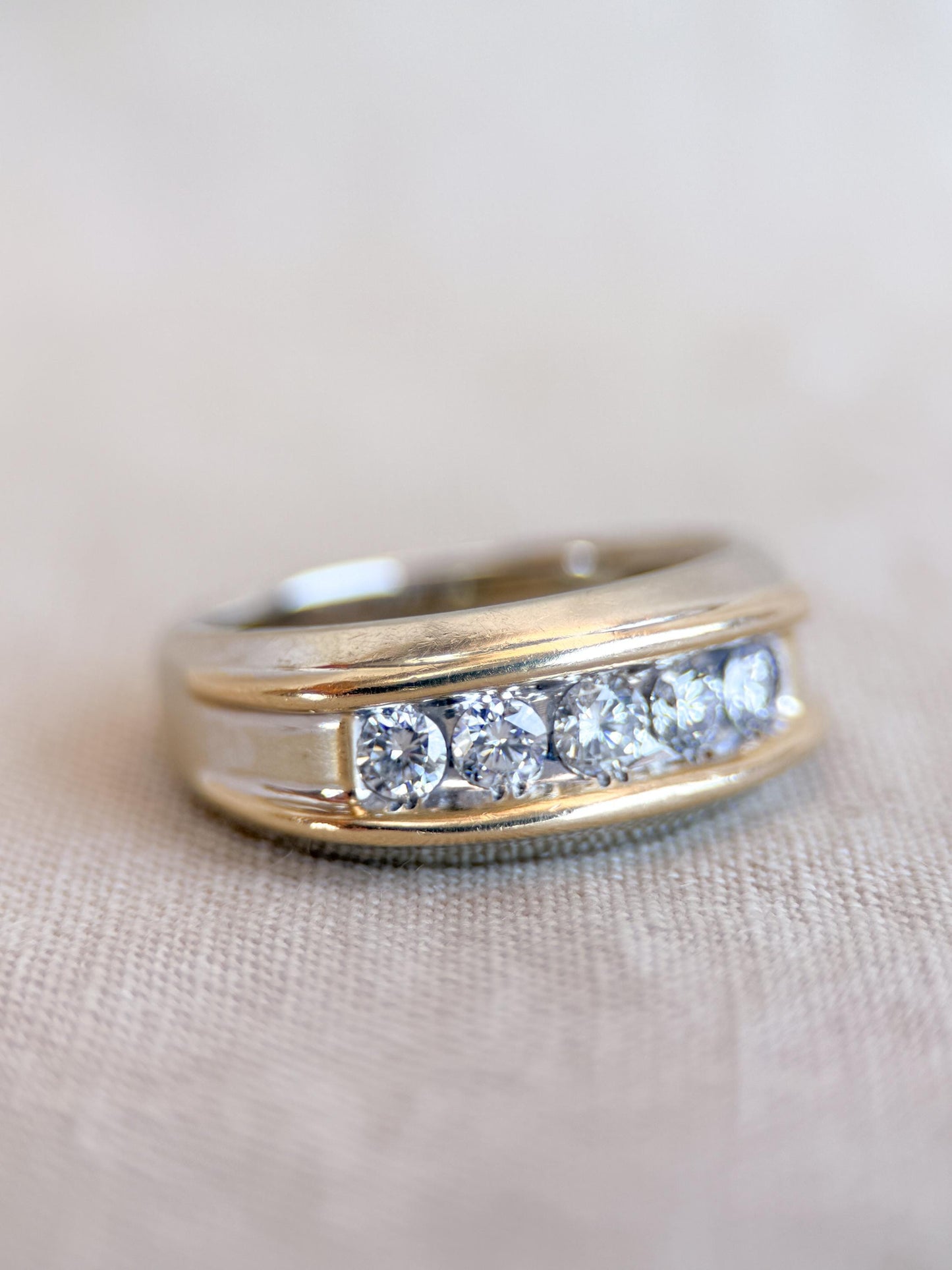 Vintage Diamond Wedding Band, 14k White Gold, Mens Channel Statement Ring, Anniversary Band