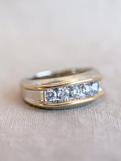 Vintage Diamond Wedding Band, 14k White Gold, Mens Channel Statement Ring, Anniversary Band