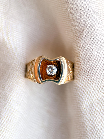 Vintage Diamond Wedding Band, 14k Gold, Mens Signet Woven Statement Ring, Anniversary Band