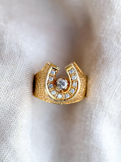 Vintage Diamond Wedding Band, 14k Gold, Mens Signet Horseshoe Statement Ring, Anniversary Band