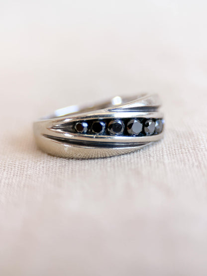 Vintage Black Diamond Wedding Band, 10k White Gold, Mens Channel Statement Ring, Anniversary Band