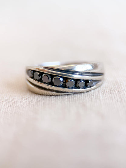 Vintage Black Diamond Wedding Band, 10k White Gold, Mens Channel Statement Ring, Anniversary Band