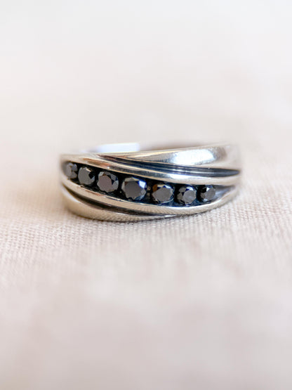 Vintage Black Diamond Wedding Band, 10k White Gold, Mens Channel Statement Ring, Anniversary Band