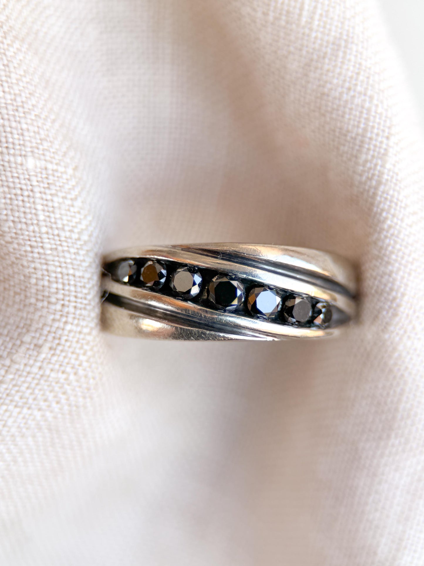 Vintage Black Diamond Wedding Band, 10k White Gold, Mens Channel Statement Ring, Anniversary Band