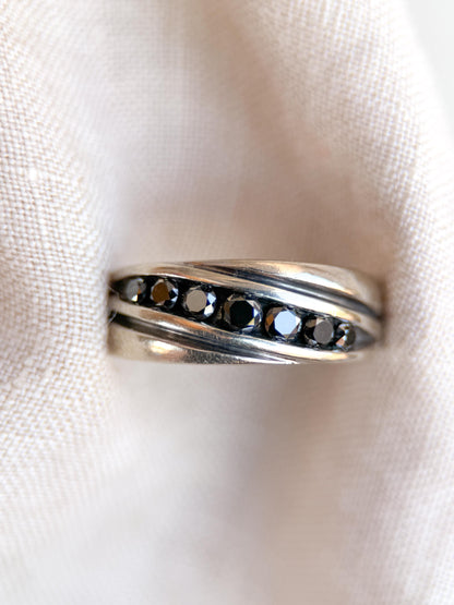 Vintage Black Diamond Wedding Band, 10k White Gold, Mens Channel Statement Ring, Anniversary Band