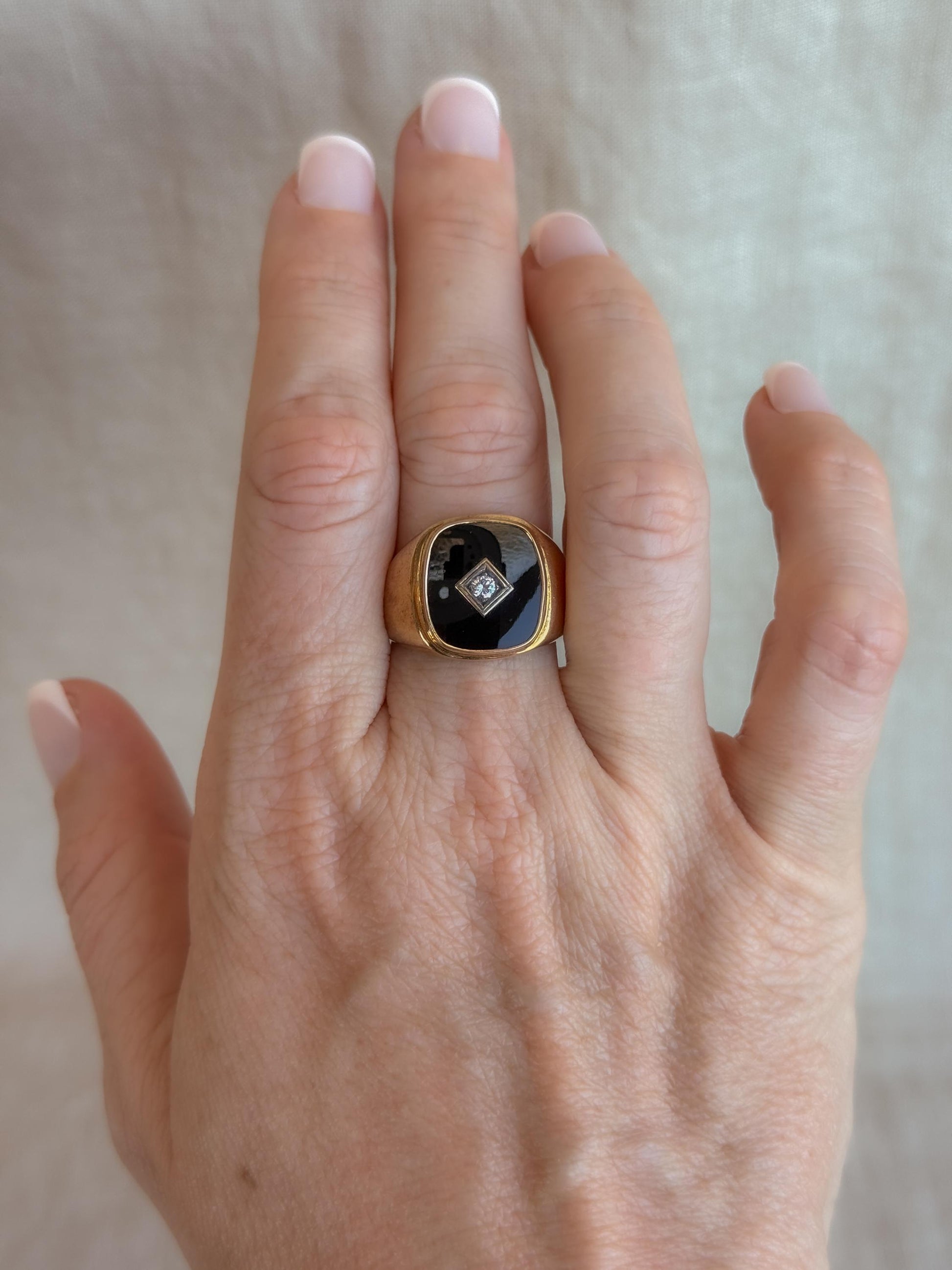 Vintage Diamond and Onyx Wedding Band, 14k Gold, Mens Signet Statement Ring, Anniversary Band