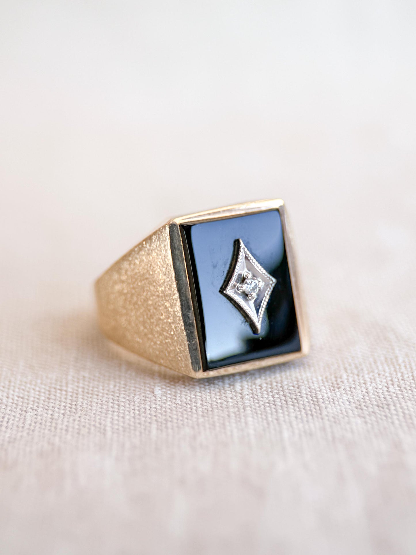 Vintage Diamond and Onyx Wedding Band, 10k Gold, Mens Signet Statement Ring, Anniversary Band