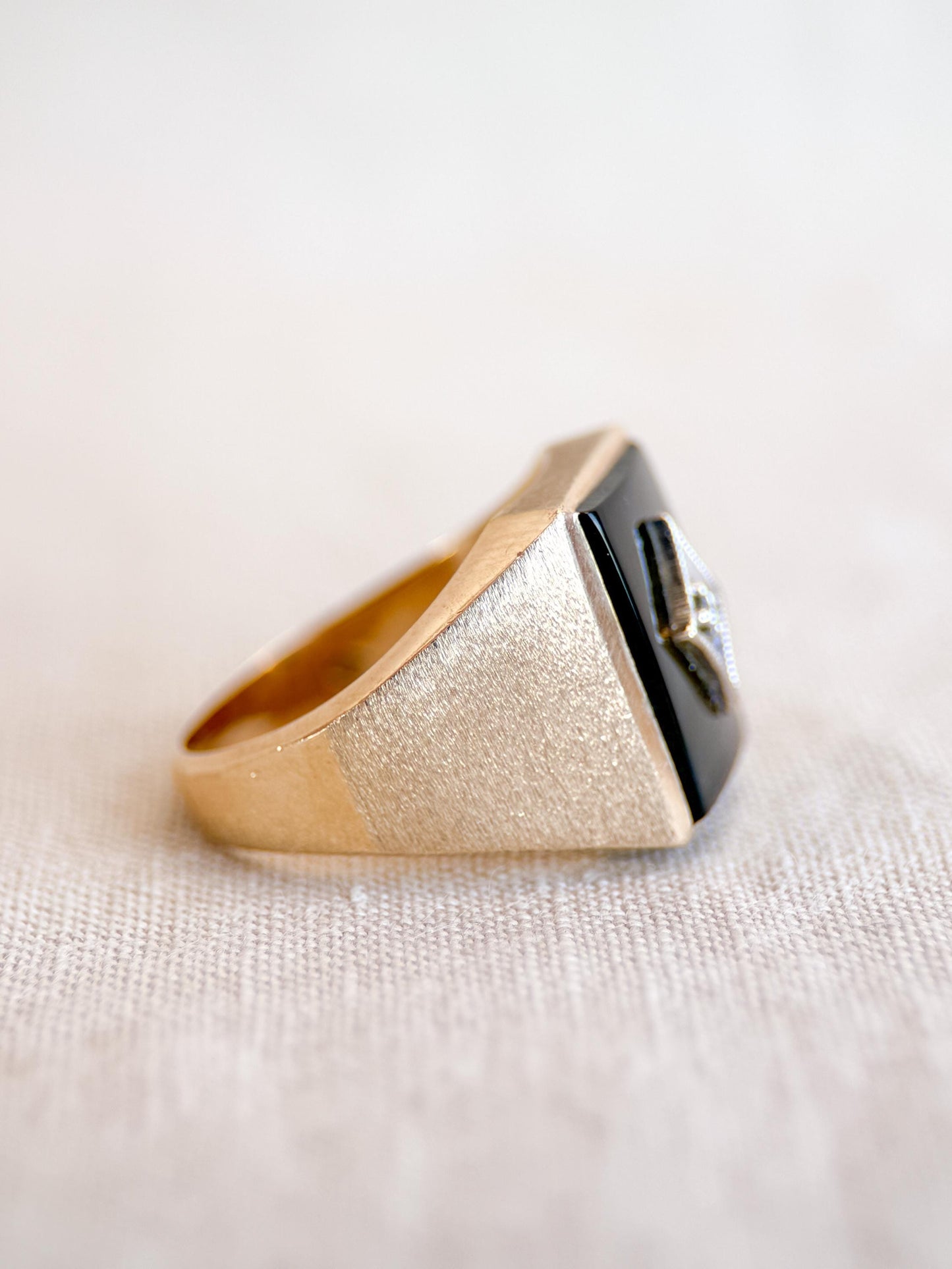 Vintage Diamond and Onyx Wedding Band, 10k Gold, Mens Signet Statement Ring, Anniversary Band
