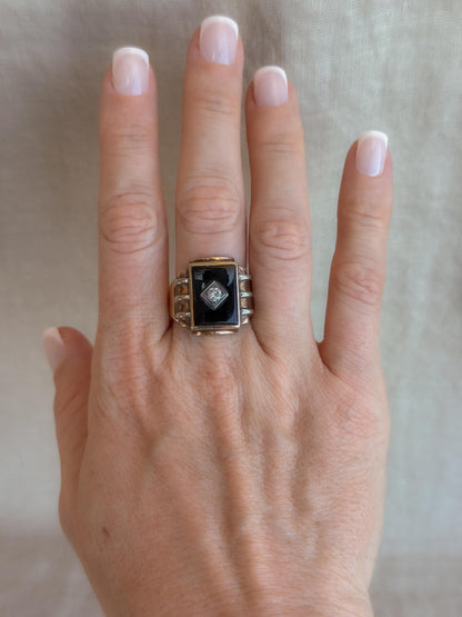 Vintage Diamond and Onyx Wedding Band, 10k Gold, Mens Signet Statement Ring, Anniversary Band