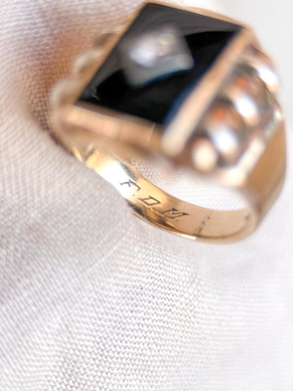 Vintage Diamond and Onyx Wedding Band, 10k Gold, Mens Signet Statement Ring, Anniversary Band