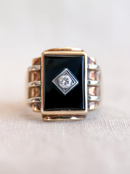 Vintage Diamond and Onyx Wedding Band, 10k Gold, Mens Signet Statement Ring, Anniversary Band