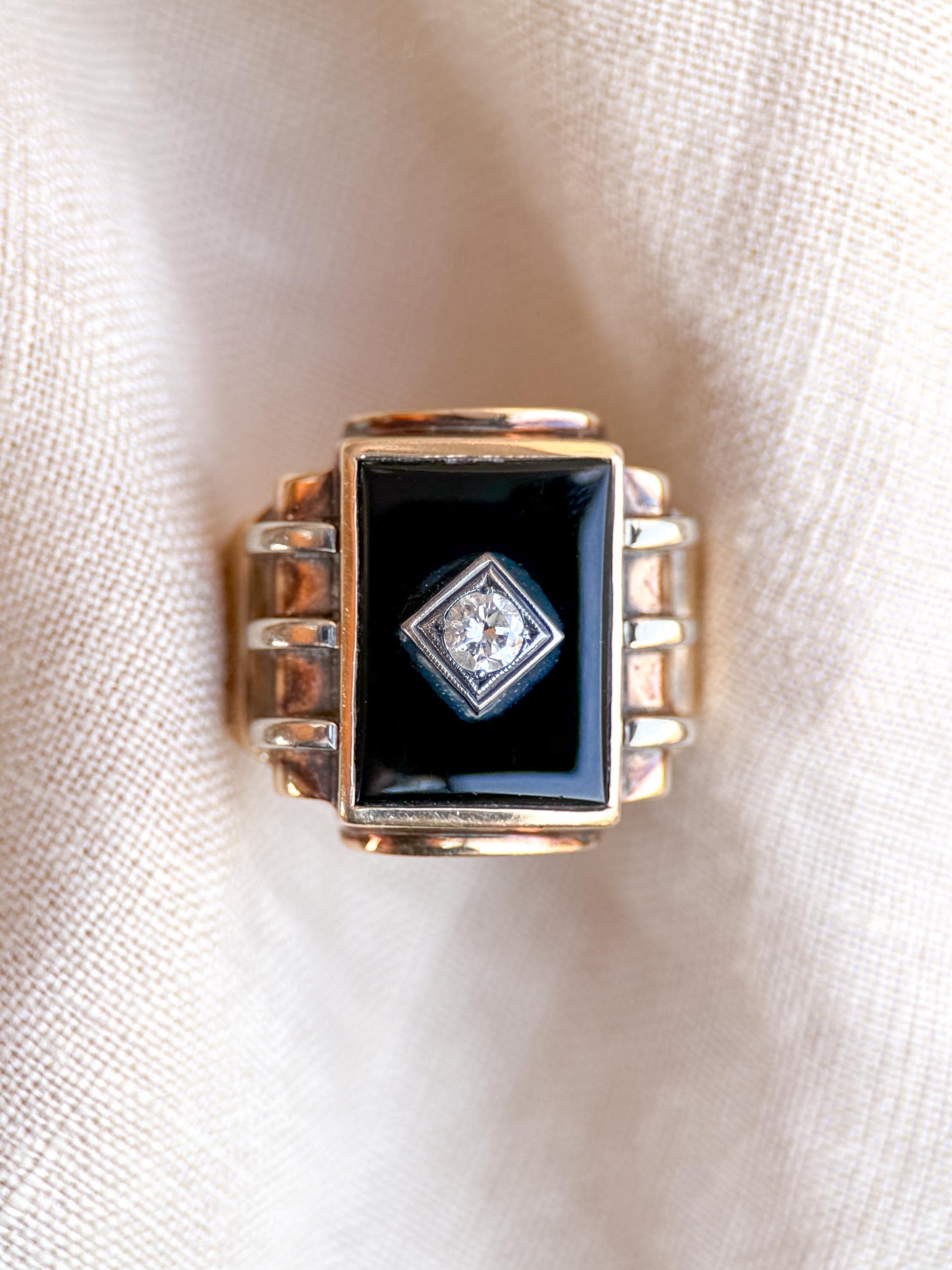 Vintage Diamond and Onyx Wedding Band, 10k Gold, Mens Signet Statement Ring, Anniversary Band