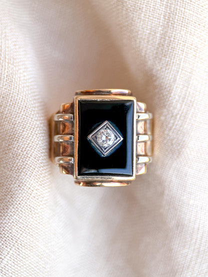 Vintage Diamond and Onyx Wedding Band, 10k Gold, Mens Signet Statement Ring, Anniversary Band