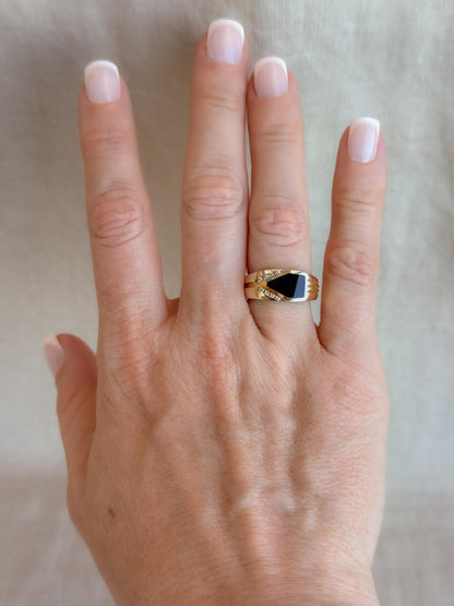 Vintage Diamond and Onyx Wedding Band, 14k Gold, Mens Signet Statement Ring, Anniversary Band