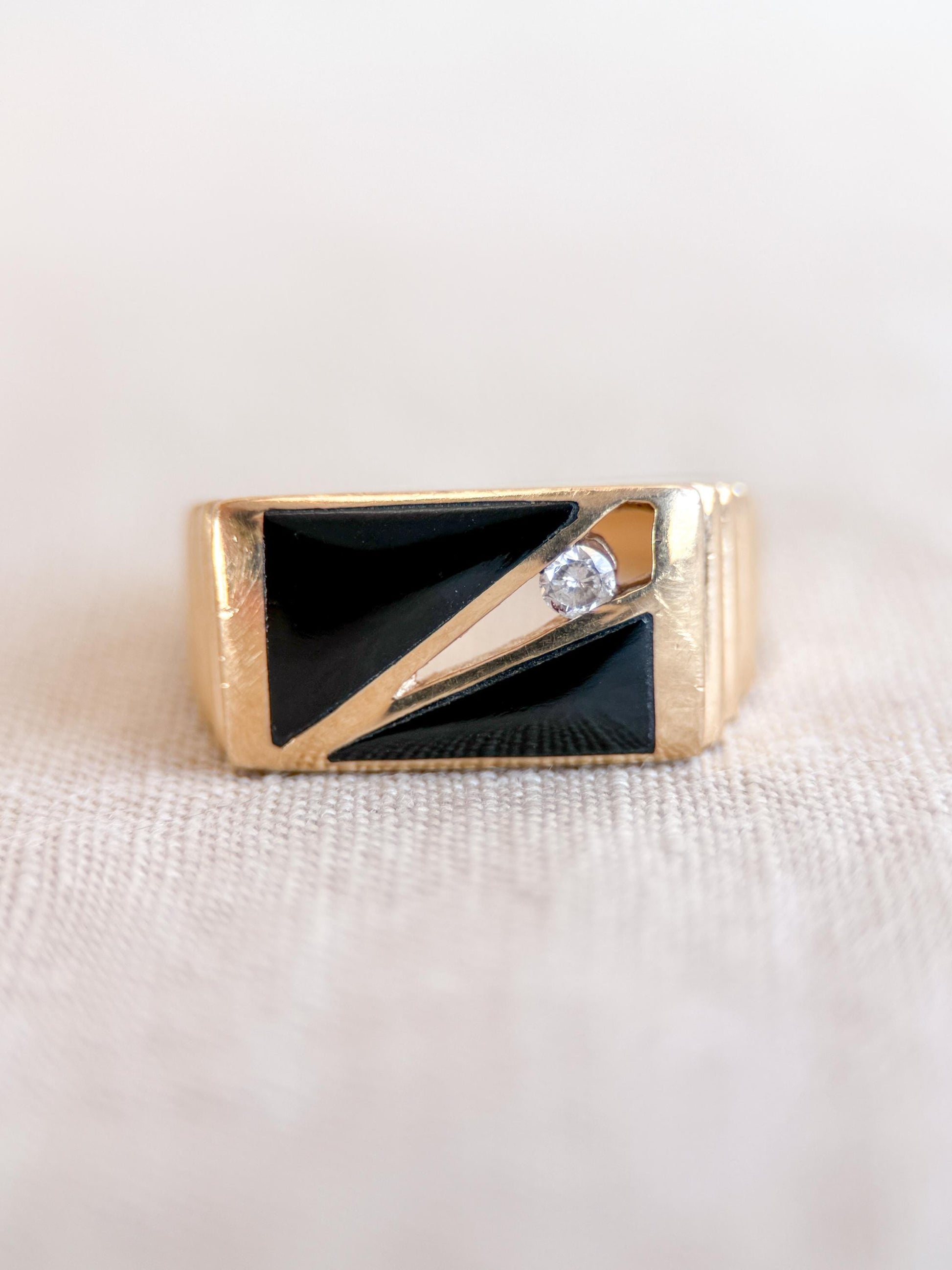 Vintage Diamond and Onyx Wedding Band, 14k Gold, Mens Signet Statement Ring, Anniversary Band