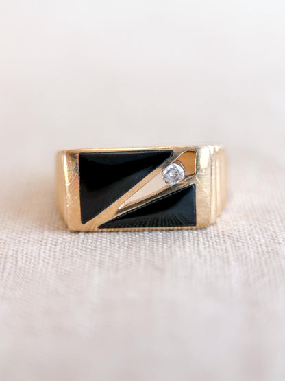 Vintage Diamond and Onyx Wedding Band, 14k Gold, Mens Signet Statement Ring, Anniversary Band
